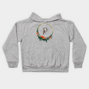 Circular frame with tropical flowers and girl figure on Letter P Kids Hoodie